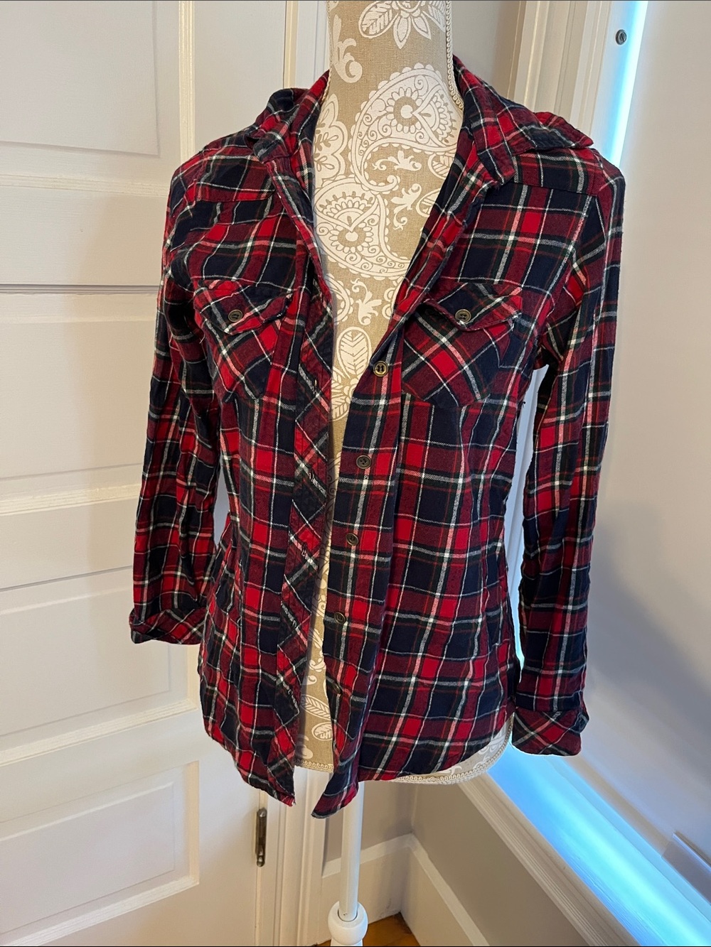 Angie Medium Red Navy White Plaid Button-Down Shirt